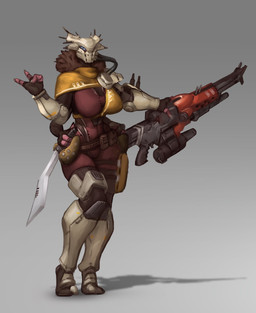 4_arms 4_eyes anthro armor big_breasts breasts clothing female fur_trim_(clothing) gesture mask melee_weapon multi_arm multi_eye multi_limb science_fiction solo standing sword tight_clothing waving waving_at_viewer weapon mixnmatt bungie destiny_(series) alien eliksni hi_res