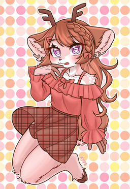 4_fingers accessory alternative_fashion anthro antlers barefoot blep blouse bottomwear breasts brown_body brown_fur clothed clothing cloven_hooves dotted_background ear_piercing feet female female_anthro fingerless_(marking) fingers fluffy fluffy_ears fluffy_tail frilly frilly_clothing fur girly_kei hair hair_accessory hooves horizontal_pupils horn j-fashion kemono long_hair multicolored_body multicolored_fur multicolored_tail pattern_background piercing pink_body pink_fur plaid pupils purple_eyes simple_background skirt solo tail text tongue tongue_out topwear tuft white_body white_fur kayama_akimaru fursona_(kayama_akimaru) deer mammal 2020 digital_media_(artwork) full-length_portrait hi_res japanese_text portrait shaded signature translated_description