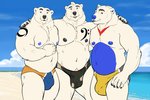 anthro arm_around_shoulders barazoku bass_clef beach belly biped black_body black_fur black_nipples black_nose blue_body blue_eyes blue_fur blue_nipples blue_nose blue_sky body_hair brown_eyes bulge chest_hair claws clothed clothing cloud fur grin group hair looking_at_viewer male male/male markings monotone_body monotone_fur mostly_nude multicolored_body multicolored_fur musclegut muscular musical_clef musical_symbol navel nipples overweight overweight_anthro overweight_male pecs pubes red_body red_eyes red_fur sand sea seaside sky smile speedo standing swimwear swimwear_only symbol topless two_tone_body two_tone_fur water white_body white_fur white_hair bruteandbrawn bear mammal polar_bear ursine 2021 absurd_res digital_media_(artwork) hi_res