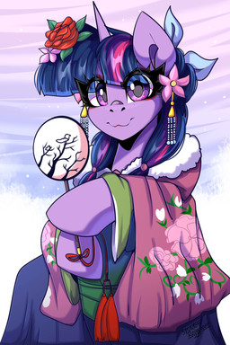 accessory asian_clothing clothing east_asian_clothing female feral flower flower_in_hair freckles hair hair_accessory hand_fan horn japanese_clothing jewelry kimono lipstick looking_at_viewer makeup plant snow solo wings shadowreindeer friendship_is_magic hasbro my_little_pony mythology twilight_sparkle_(mlp) equid equine mammal mythological_creature mythological_equine winged_unicorn 2:3 absurd_res hi_res