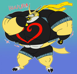 anthro big_muscles growth huge_muscles hyper hyper_muscles inflation male muscle_growth muscular muscular_male simple_background solo sound_effects astonkitkat bandai_namco digimon digimon_(species) omegashoutmon hi_res
