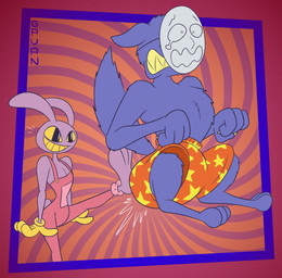 abstract_background anthro bottomwear claws clothing digitigrade duo fur gloves handwear kick kicking_another male mask overalls plantigrade purple_body purple_fur sharp_teeth shorts smug surprised teeth toony yellow_eyes yellow_teeth gavanzude glitch_productions popee_the_performer the_amazing_digital_circus jax_(tadc) kedamono_(popee_the_performer) canid canine canis lagomorph leporid mammal rabbit wolf alternate_version_at_paywall digital_drawing_(artwork) digital_media_(artwork) hi_res signature
