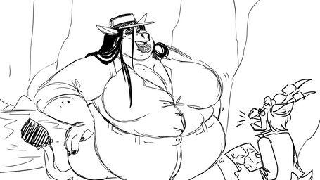 2_horns 4_fingers angry anthro belly bent_arm big_belly big_breasts black_eyebrows black_fingernails black_hair black_lips black_nails black_tail_tuft bottomwear breasts button_(fastener) chubby_cheeks cleavage clothed clothed_anthro clothed_female clothed_male clothing colored_nails curled_horn double_chin duo eye_contact eyebrows eyelashes female female_anthro fingernails fingers forest freckled_arms freckled_breasts freckled_face freckles frown frowning_at_another fully_clothed fully_clothed_anthro fully_clothed_female furrowed_brow furrowed_eyebrows hair half-closed_eyes hand_on_hip hand_on_own_hip hat headgear headwear holding_object holding_paper horn huge_breasts larger_anthro larger_female lips long_ears long_eyelashes long_hair looking_at_another male male_anthro motion_lines nails narrowed_eyes obese obese_anthro obese_female open_frown open_mouth open_smile outside overweight overweight_anthro overweight_female pants paper plant pond rolled_up_sleeves short_hair simple_background size_difference smile smiling_at_another standing tail tail_tuft teeth thick_bottom_lip tongue tree tuft white_bottomwear white_clothing white_dress_shirt white_hat white_headwear white_horn white_pants white_tail white_tongue volkenfox dungeons_and_dragons hasbro wizards_of_the_coast aloysius jackie_(volkenfox) asinus bovid caprine donkey equid equine goat mammal 2025 absurd_res digital_drawing_(artwork) digital_media_(artwork) hi_res sketch