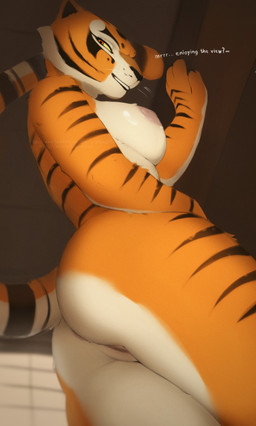 anthro anus areola big_breasts black_stripes breasts butt butt_pose dialogue female fur genitals orange_body orange_fur pose presenting presenting_hindquarters seductive smile solo striped_body striped_fur stripes text vulva whiskers ququqee399e dreamworks kung_fu_panda master_tigress felid mammal pantherine tiger absurd_res english_text hi_res