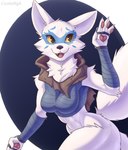 anthro bottomless breasts clothed clothing female fur simple_background smile solo white_body white_fur wrist_guards yellow_eyes cooliehigh teenage_mutant_ninja_turtles alopex arctic_fox canid canine fox mammal true_fox hi_res