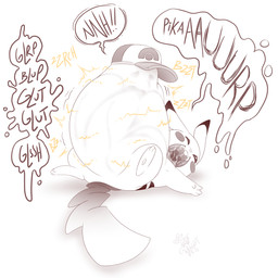 after_vore belly big_belly clothing duo feral hat headgear headwear lying male on_back overweight simple_background speech_bubble text vore white_background cownugget nintendo pokemon generation_1_pokemon human mammal pikachu pokemon_(species) 1:1 2023 hi_res