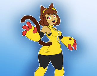 anthro brown_hair clothed clothing eyewear female goggles hair smile smiling_at_viewer solo standing tail kascz gameoverse glitch_productions kit_bodega domestic_cat felid feline felis mammal hi_res
