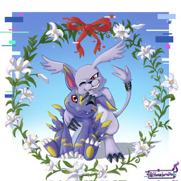 anthro claws duo feral fur grey_body grey_fur grin hug long_ears male purple_body purple_fur red_eyes sharp_teeth smile teeth hazelcrafts bandai_namco digimon digimon_(species) elecmon_violet gazimon 1:1 hi_res