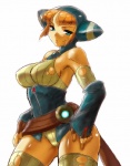 armwear bare_shoulders belt big_breasts blue_eyes breasts clothed clothing detached_sleeves female headgear headwear legwear looking_at_viewer panties simple_background skimpy solo standing stockings thigh_highs torn_clothing underwear white_background dr.p breath_of_fire capcom lin_(breath_of_fire) animal_humanoid cat_humanoid felid felid_humanoid feline feline_humanoid humanoid mammal mammal_humanoid woren