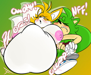 abdominal_bulge belly big_belly big_breasts big_penis bodily_fluids breasts clothing crossgender cum cum_ballooning cum_in_vagina cum_inflation cum_inside dialogue duo female fingerless_gloves footwear genital_fluids genitals gloves green_body handwear huge_belly huge_breasts huge_penis hyper hyper_belly hyper_inflation inflation large_penetration male male/female nipples penetration penis shoes sound_effects denizen1414 sega sonic_the_hedgehog_(series) derrick_haster fan_character miles_prower canid canine eulipotyphlan fox hedgehog mammal 2025 hi_res