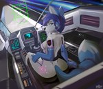 anthro arwing blue_body blue_fur breasts butt cockpit electronics female fur futuristic headgear headphones headset looking_back science_fiction sitting solo space vehicle white_body white_fur hinget nintendo star_fox krystal_(star_fox) canid canine fox mammal 2022 digital_media_(artwork) hi_res