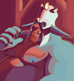 bared_teeth belly big_belly black_sclera blue_body blue_nipples clothing front_view headgear headwear male markings mostly_nude muscular muscular_humanoid muscular_male nipples overweight overweight_humanoid overweight_male pecs red_markings solo teeth white_clothing white_headwear yellow_eyes chocolateandmilk humanoid 2016 dated hi_res