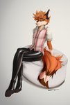 bedroom_eyes collared_shirt fur glistening glistening_legs latex male markings narrowed_eyes orange_body orange_fur paws pose seductive sitting solo striped_markings striped_tail stripes tail tail_markings snowiezegreight 8-track canid canine fox mammal hi_res pinup