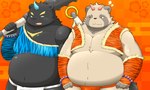 angry anthro asian_clothing belly big_belly black_body brown_body clothing duo east_asian_clothing fundoshi horn humanoid_hands japanese_clothing kemono male orange_clothing orange_fundoshi orange_underwear overweight overweight_male underwear weapon white_clothing white_fundoshi white_underwear tai_tanuki setsubun canid canine mammal raccoon_dog tanuki 2023 5:3 hi_res