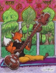 4_toes 5_fingers anthro barefoot biped black_nose bottomwear brown_body brown_fur claws clothed clothing dipstick_tail eyes_closed feet fingers fully_clothed fur gloves_(marking) grass hexagram hindu holding_musical_instrument holding_object india male markings multicolored_tail musical_instrument om_symbol orange_body orange_fur pants plant playing_music plucked_string_instrument raised_tail religion shirt sitar sitting solo string_instrument sun_symbol swastika symbol t-shirt tail tail_markings text toes topwear tree white_body white_fur white_tail_tip obonic triadfox canid canine fox mammal 2013 devanagari_text hi_res sanskrit_text signature traditional_media_(artwork) translation_request