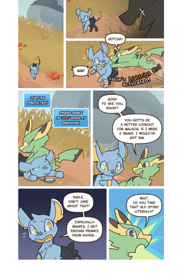 ambiguous_gender black_body black_fur blue_body blue_eyes blue_fur bodily_fluids brown_eyes cloud day dialogue digitigrade duo feral flying_sweatdrops fur glowing glowing_eyes grass green_body green_fur head_tuft inner_ear_fluff jewelry looking_at_another multicolored_eyes necklace open_mouth open_smile outside plant pounce quadruped sky smile sparking speech_bubble surprised sweat sweatdrop tail tail_tuft talking_to_another text tuft two_tone_eyes yellow_body yellow_eyes yellow_fur wooled nintendo pokemon pokemon_mystery_dungeon spike_chunsoft malachi_(wooled) sable_(wooled) electrike generation_3_pokemon generation_4_pokemon pokemon_(species) shinx comic english_text hi_res