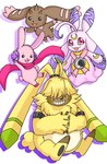 anthro beady_eyes belt electronics female fluffy fur grin group hair hair_over_eyes headphones horn long_ears male pink_body pink_fur ponytail_ears scarf sitting smile yellow_body yellow_fur flocchan bandai_namco digimon angoramon cutemon digimon_(species) lopmon lunamon hi_res