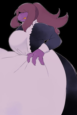 anthro big_breasts black_background breasts brown_hair clothing female freckled_face freckles hair hair_over_eyes maid_uniform purple_body sharp_teeth simple_background solo teeth uniform yellow_teeth underchikichan deltarune undertale_(series) susie_(deltarune) scalie hi_res