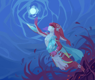 clothed clothing featureless_crotch female glistening glistening_eyes mouth_closed red_body seaweed skimpy solo three-quarter_view underwater unsigned water white_body yellow_eyes corzh77 breath_of_the_wild nintendo the_legend_of_zelda mipha aquatic zora absurd_res full-length_portrait hi_res portrait