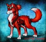 claws eyewear feral fur goggles hair male ponytail raised_tail red_body red_eyes red_fur simple_background solo standing tail liger_inuzuka bleach_(series) renji_abarai canid canine canis mammal wolf 2009 colored