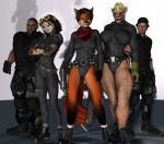 anthro belt boots camel_toe clothing female footwear group gun male pose ranged_weapon shoes tail team_pose weapon vic34677 canid canine domestic_cat felid feline felis fox human lion mammal pantherine