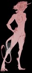 anthro barely_visible_genitalia barely_visible_pussy bone breasts claws female genitals hands_on_hips looking_back navel nipples nude pussy simple_background skull solo standing tail tail_tuft toe_claws tuft twilightsaint canid canine mammal monster hi_res sketch