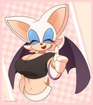 anthro big_breasts bra breasts cleavage clothed clothing eyes_closed eyeshadow female front_view gesture hand_gesture makeup membrane_(anatomy) membranous_wings navel open_mouth smile solo sports_bra thumbs_up underwear wings shoolmail sega sonic_the_hedgehog_(series) rouge_the_bat bat mammal absurd_res hi_res signature