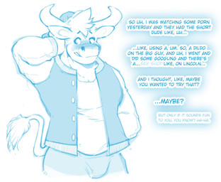 anthro biped blue_text blush bodily_fluids bottomwear bulge clothed clothing curved_horn dialogue embarrassed eyebrows front_view fur hair hand_behind_head hand_in_pocket head_tuft horn jacket letterman_jacket looking_away male nervous pants pockets shirt short_hair shy simple_background solo standing sweat tail tail_tuft talking_to_viewer text thin_tail topwear tuft white_background redrusker bulls_(redrusker) bovid bovine cattle mammal 2020 blue_and_white digital_drawing_(artwork) digital_media_(artwork) english_text hi_res line_art monochrome sketch unfinished