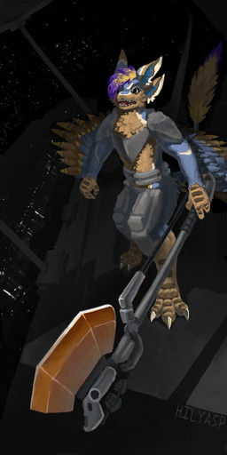 3_toes 4_ears angry anthro clothed clothing eye_contact feet front_view holding_object holding_weapon inside looking_at_another looking_at_viewer male multi_ear partially_clothed solo space standing toes weapon hilyasp avali 1:2 2025 absurd_res digital_media_(artwork) digital_painting_(artwork) hi_res painting_(artwork)