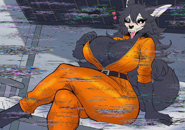 anthro bed belt belt_buckle big_breasts big_butt bone breasts buckle butt cleavage clothed clothing eyeshadow female furniture hair jumpsuit long_hair makeup open_chest open_chested_jacket pose skull skull_head solo television_static text tongue tongue_out harry_amorós scp_foundation mal0 scp-1471-a canid canine canis domestic_dog mammal absurd_res english_text hi_res