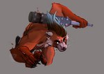 action_pose angry anthro barbarian blood bodily_fluids clothing female fight fighting_pose gore leather leather_clothing leather_topwear muscular pose solo tetsubo topwear weapon sleepy_art0 kaguya_(umpherio) ailurid mammal red_panda hi_res