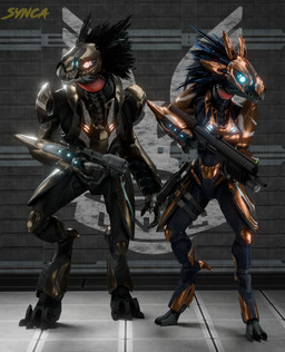 3_fingers 3_toes anthro armor avian_caruncle beak black_body black_feathers blue_body blue_eyes blue_feathers breasts digitigrade duo face_covered feather_hair feathered_crest feathers feet female fingers full_armor glowing glowing_eyes grey_body gun handgun head_crest headgear helmet holding_gun holding_handgun holding_object holding_pistol holding_ranged_weapon holding_shotgun holding_weapon male non-mammal_breasts orange_eyes pistol pseudo_hair ranged_weapon shotgun spurs_(anatomy) standing toes unsc weapon synca pickle_juice_(modeler) halo_(series) microsoft xbox_game_studios alien avian kig-yar scalie t'vaoan 3d_(artwork) colored digital_media_(artwork)