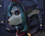 ambiguous_gender anthro black_ears black_sclera blue_eyes blue_hair blue_markings clothing detailed_background grey_inner_ear hair hood hoodie looking_aside markings particles solo three-quarter_view topwear white_face akrolayn killzone sony_corporation sony_interactive_entertainment canid canine mammal 2020 digital_media_(artwork) digital_painting_(artwork) headshot_portrait portrait