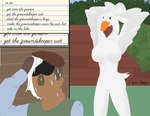 anthro bodily_fluids breasts duo embarrassed exposed female genitals hands_behind_head humor nipples outside presenting public pussy sweat text fieryashy untitled_goose_game goose_(untitled_goose_game) groundskeeper_(untitled_goose_game) anatid anseriform anserinae avian bird goose human mammal english_text meme