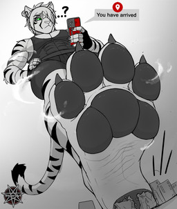 4_toes anthro barefoot black_pawpads building cellphone city claws destruction ear_piercing ear_ring electronics feet foot_fetish giga grass green_eyes hindpaw macro male oblivious pawpads paws phone piercing plant rampage ring_piercing smartphone soles solo stomping text toes slegar bethesda_game_studios macro_march microsoft mythology skyrim the_elder_scrolls english_text hi_res