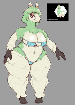 anthro big_breasts bikini blue_bikini blue_clothing blue_swimwear bottom_heavy breasts camel_toe clothing ear_piercing eyelashes female front_view fur green_body green_fur grey_background looking_at_viewer navel nipple_outline piercing red_eyes simple_background smile solo swimwear tan_body tan_fur thick_thighs two-piece_swimsuit wide_hips pincparti fakemon alpaca alpalaine camelid mammal absurd_res hi_res