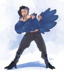 4_toes anisodactyl anthro avian_feet black_hair blue_body blue_feathers claws clothing feathers feet female hair solo talons toes transformation winged_arms wings noite_azul avian bird falcon falconid human mammal