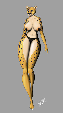 anthro big_breasts breasts cleavage clothed clothing female fur long_legs markings navel panties pasties solo spots spotted_body spotted_fur standing underwear whiskers yellow_body yellow_eyes yellow_fur bryncoops queen_lacheetah_(bryncoops) cheetah felid feline mammal 9:16 absurd_res hi_res