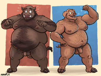 anthro areola arm_hair bald balls barazoku belly belly_hair big_belly big_but_unendowed body_hair body_swap curled_tail deep_navel feet flaccid flexing genitals hairy_balls hairy_male hooves larger_but_small male moobs musclegut muscular muscular_male navel nipples nude nude_male obese obese_anthro obese_male overweight overweight_anthro overweight_male penis pubes small_penis solo surprised tail thick_thighs tusks nanoff joe_(nanoff) suarez_(nanoff) domestic_pig mammal suid suine sus_(pig) 2025 hi_res