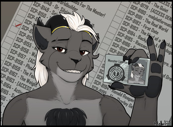 2_horns 5_fingers accessory anthro black_border black_chest_hair black_claws black_horn black_nose black_pawpads black_text border brown_eyes checklist cheek_tuft chest_tuft claws collarbone countershade_face countershade_fur countershade_torso countershading detailed_background eyebrow_slit eyebrows facial_tuft fingers front_view fur furgonomics glistening glistening_horn gold_ring grey_body grey_countershading grey_ears grey_fur grey_inner_ear grey_inner_ear_fluff grey_outline grey_tuft grin grinning_at_viewer hair holding_license holding_object horn horn_accessory horn_jewelry horn_ring humanoid_hands inner_ear_fluff jewelry license looking_at_viewer male male_anthro nude nude_anthro nude_male number outline paper pawpads pupils ring_(jewelry) sharp_teeth smile smiling_at_viewer solo teeth text tuft wavy_horn white_hair nethil monster_fucker_permit scp_foundation lennox_raides monster teran_(species) 2025 bust_portrait colored dated digital_drawing_(artwork) digital_media_(artwork) english_text portrait signature