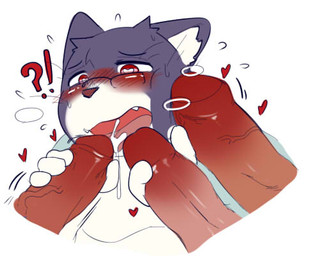 anthro blush bodily_fluids cum cumshot disembodied_penis ejaculation erection eyewear flying_sweatdrops foreskin foursome fur genital_fluids genitals glasses group group_sex handjob heart_symbol humanoid_genitalia humanoid_penis interrobang male male/male multicolored_body multicolored_fur open_mouth orgasm penile penis penis_on_face precum purple_body purple_fur red_eyes sex simple_background steam sweat sweatdrop two_tone_body two_tone_fur vein white_background white_body white_fur bighornsheep_(artist) domestic_cat felid feline felis mammal low_res