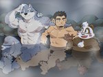 abs anthro arm_around_shoulders balls beard black_hair blue_body blue_fur brown_body brown_fur casual_nudity facial_hair fur genitals goatee group hair hand_on_shoulder hot_spring human_on_anthro interspecies kemono larger_anthro larger_male male male/male multicolored_body multicolored_fur muscular muscular_anthro muscular_human muscular_male navel nipples nude partially_submerged pecs penis penis_size_difference pubes size_difference smaller_anthro smaller_human smaller_male social_nudity trio water white_body white_fur white_hair shirako crave_saga hakuma_(crave_saga) protagonist_(crave_saga) shaoren_(crave_saga) bear canid canine canis giant_panda human mammal wolf 4:3 censored hi_res signature