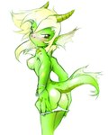 anthro blush breasts brown_eyes butt clothing dragon drybone female green_body hair horn long_hair looking_back mythological_creature mythological_scalie mythology nipples non-mammal_breasts non-mammal_nipples panties scalie side_boob simple_background solo tail underwear undressing