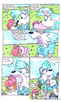 anthro blue_clothing blue_hair blue_shirt blue_topwear clothing duo female hair male outside shirt speech_bubble text topwear virus-20 wendy_wolf_(virus-20) canid canine canis domestic_dog mammal wolf 2008 comic english_text
