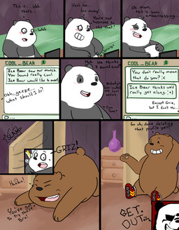 anthro bed bedroom black_body black_fur blush brown_body brown_fur computer dating_profile dialogue duo electronics embarrassed end_table excited food fur furniture inline_skates inside internet male male/male nightstand pillow roller_skates smile text vase white_body white_fur graft_(artist) cartoon_network we_bare_bears grizzly_(we_bare_bears) panda_(we_bare_bears) bear brown_bear felid giant_panda grizzly_bear mammal pantherine tiger ursine comic english_text hi_res multiple_scenes pseudo_incest_(lore)