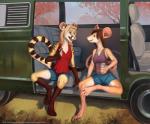 anthro autumn barefoot blue_eyes bottomwear braided_hair breasts brown_eyes clothed clothing di19826 duo eye_contact feet female fur genet grass hair hindpaw looking_at_another mammal markings medium_truck mouse murid murine open_mouth paws plant rodent shirt shorts sitting small_breasts smile spots spotted_body spotted_fur tank_top text topwear tree truck_(vehicle) url van vehicle viverrid