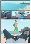 anthro beach blush breasts clothed clothing comic countershade_hands countershading detailed_background duo female female_pov first_person_view fish hi_res human lunate male mammal marine masturbation masturbation_pov nipples nude outside sand seaside shark smile spread_legs spreading