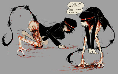 ambiguous_gender ambiguous_humanoid black_body black_clothing black_fur black_hair black_hat black_headwear black_shirt black_tail black_topwear blood blood_puddle blood_splatter bodily_fluids bottomless bottomless_ambiguous bottomless_humanoid clothed clothed_humanoid clothing dialogue fur gore hair hat headgear headwear leaning leaning_forward partially_clothed_humanoid shirt short_hair solo speech_bubble sweat tail tail_tuft tan_body tan_fur text topwear tuft wounded jejejunum ember_(jejejunum) demon demon_humanoid humanoid spirit tailed_humanoid 2025 digital_drawing_(artwork) digital_media_(artwork) english_text hi_res