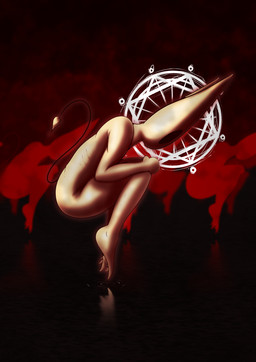black_eyes claws curled_up dark fetal_pose hollow_eyes horn male nude pale_skin red_background simple_background skinny solo spade_tail summoning_circle tail toe_claws white_horn deedoss desmond_(deedoss) demon humanoid absurd_res hi_res