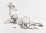 2017 anthro anus big_butt bottomless butt clothed clothing ecmajor eyelashes female fur genitals giraffe giraffid greyscale hi_res hooves looking_back mammal monochrome pussy simple_background smile solo tail traditional_media_(artwork) wide_hips